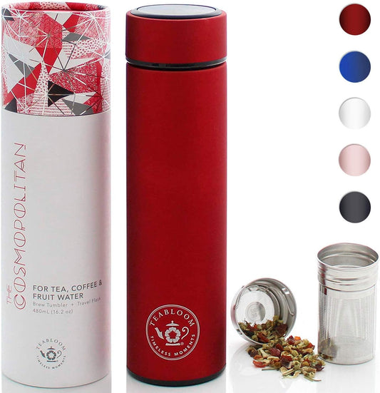 Teabloom ORIGINAL All-Purpose Beverage Tumbler - 16 oz - 480 ml - Brushed Metal Insulated Water Bottle/Tea Flask/Cold Brew