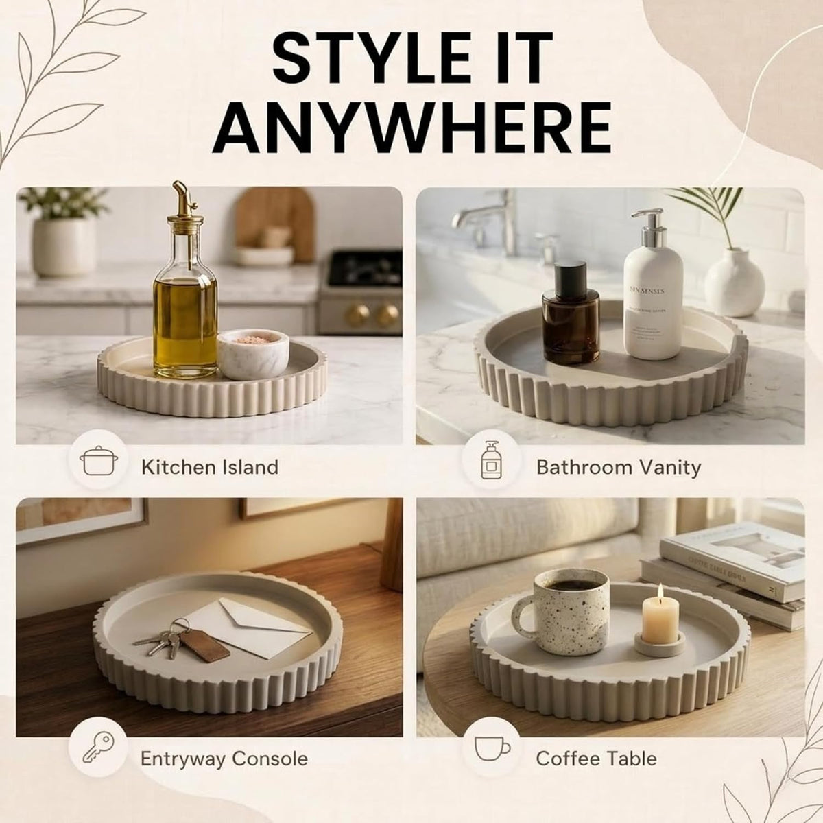 13-Inch Concrete Round Tray Home Decor for Coffee Table Decor - Round Coffee Table Tray - Circular Kitchen Island Trays - Decorative Trays- Gray