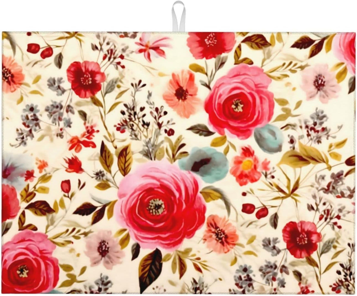 Large Dish Drying Mats For Kitchen Counter Microfiber Kitchen Drying Mat XL Draining Pad Absorbent Quick Drying Dish Mat 18x24 Inch - Floral Boho Flowers
