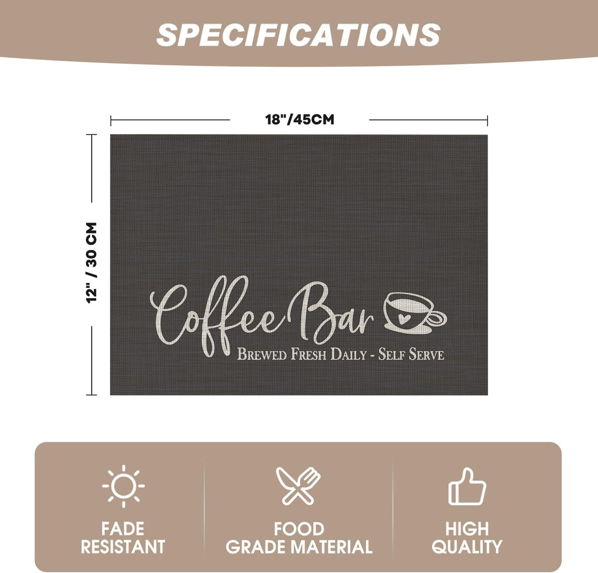 Artoid Mode Coffee Bar Mat Set of 2, Plastic Vinyl Washable Woven Non-Slip Table Mats for Coffee Machine Decor,Dark Gray