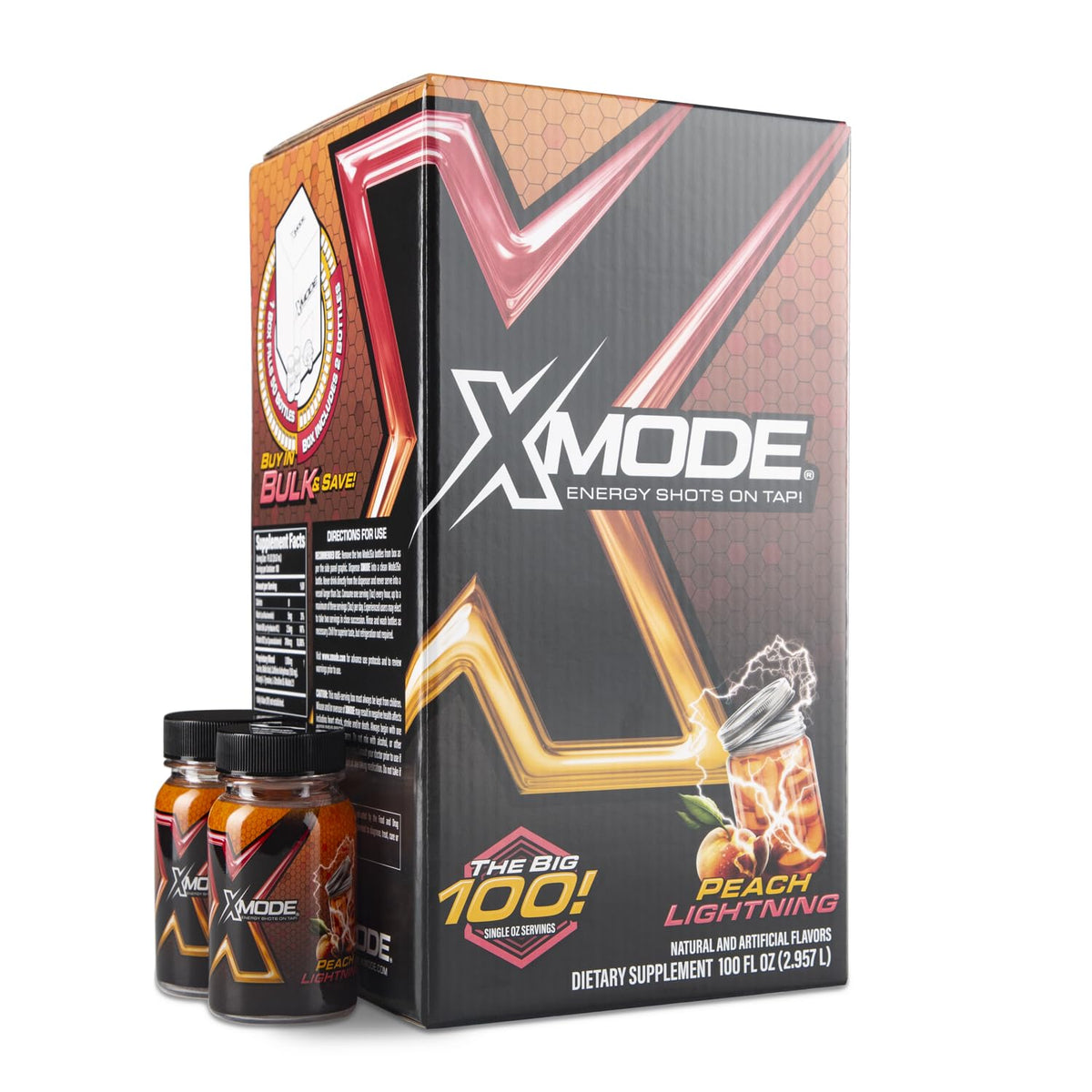 XMODE Energy Shots on Tap Dispenser – 100 (1oz) Servings with 2 Refillable Bottles, Peach Lightning Flavor, Extra Strength with 150mg Caffeine/oz, B12 and Sugar Free
