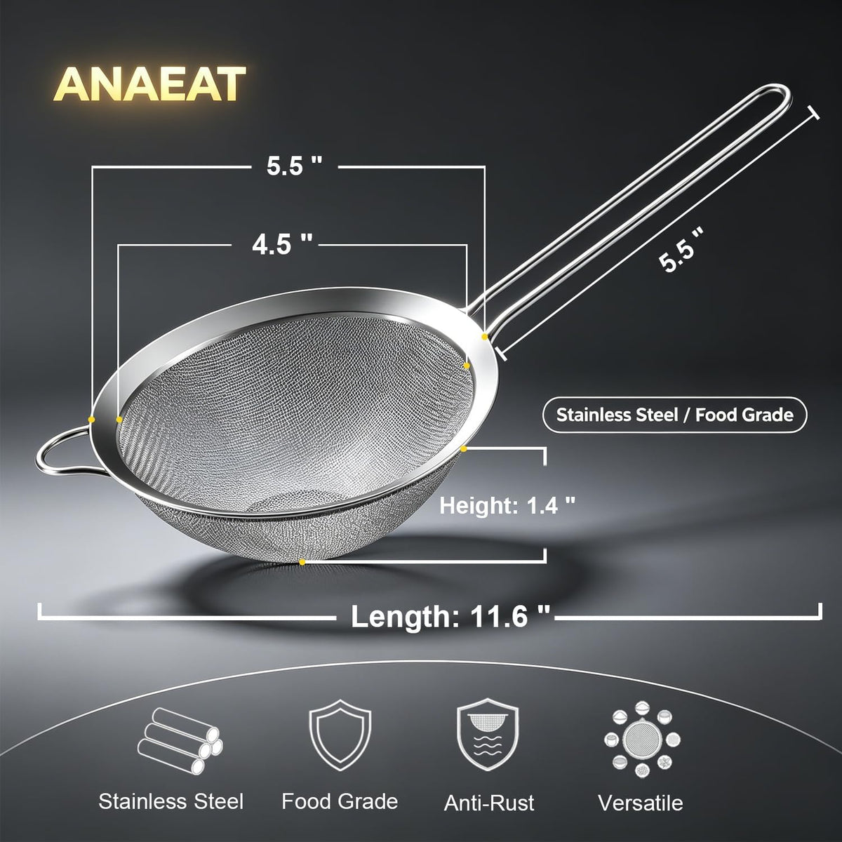 Anaeat Fine Mesh Strainers - Premium Stainless Steel Colander Sieve Sifters, with Durable Mesh and Sturdy Handle, Excellent for Sifting Dry ingredients, Flour, Pastas, Rice, Tea (5.5")