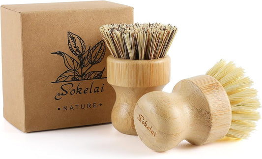 Bamboo Dish Scrub Brushes Set for Kitchen - Wooden Cleaning Scrubbers Brushes, Eco-Friendly Natural Dishes Washing Brush for