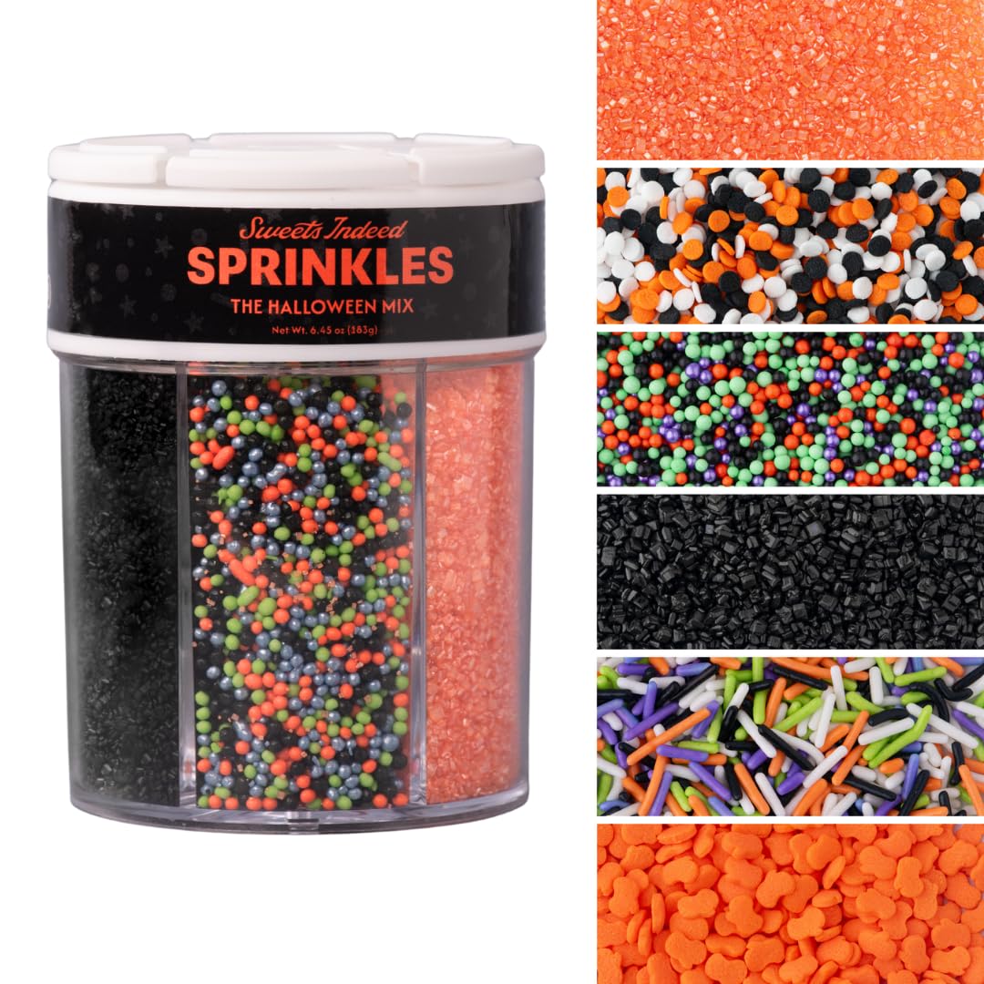 Sweets Indeed Halloween 6-Cell Sprinkle Jar – 6 Variety Sprinkle Compartments | Edible Cake Decorations for Cupcakes, Cookies, Cakes &amp; Desserts | 6.45 oz