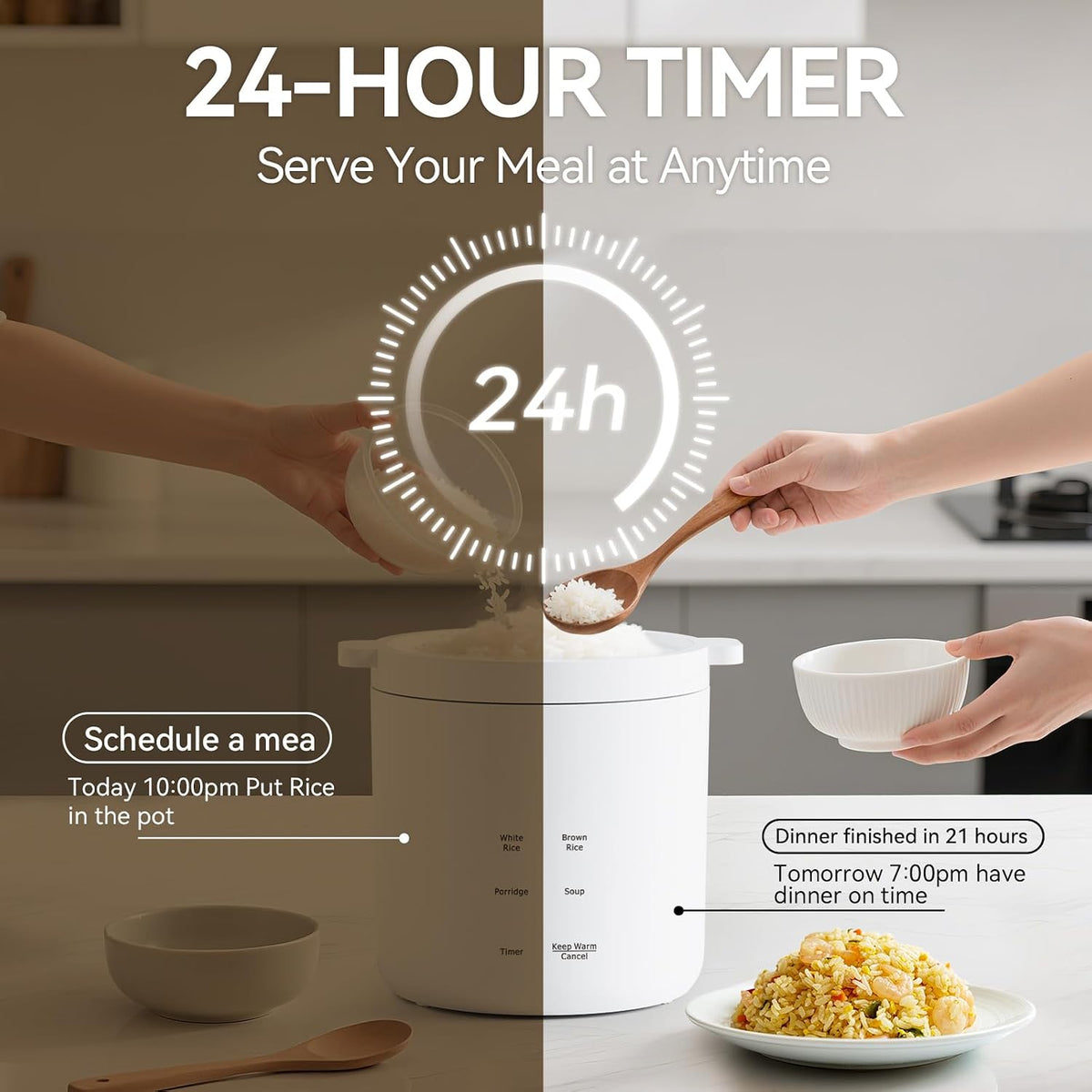 Olayks Mini Rice Cooker 2 Cup Uncooked, Small Electric Cooker, with 4 Cooking Functions, 24 Hour Preset and Heat Preservation, Anti Scald Carry Handle