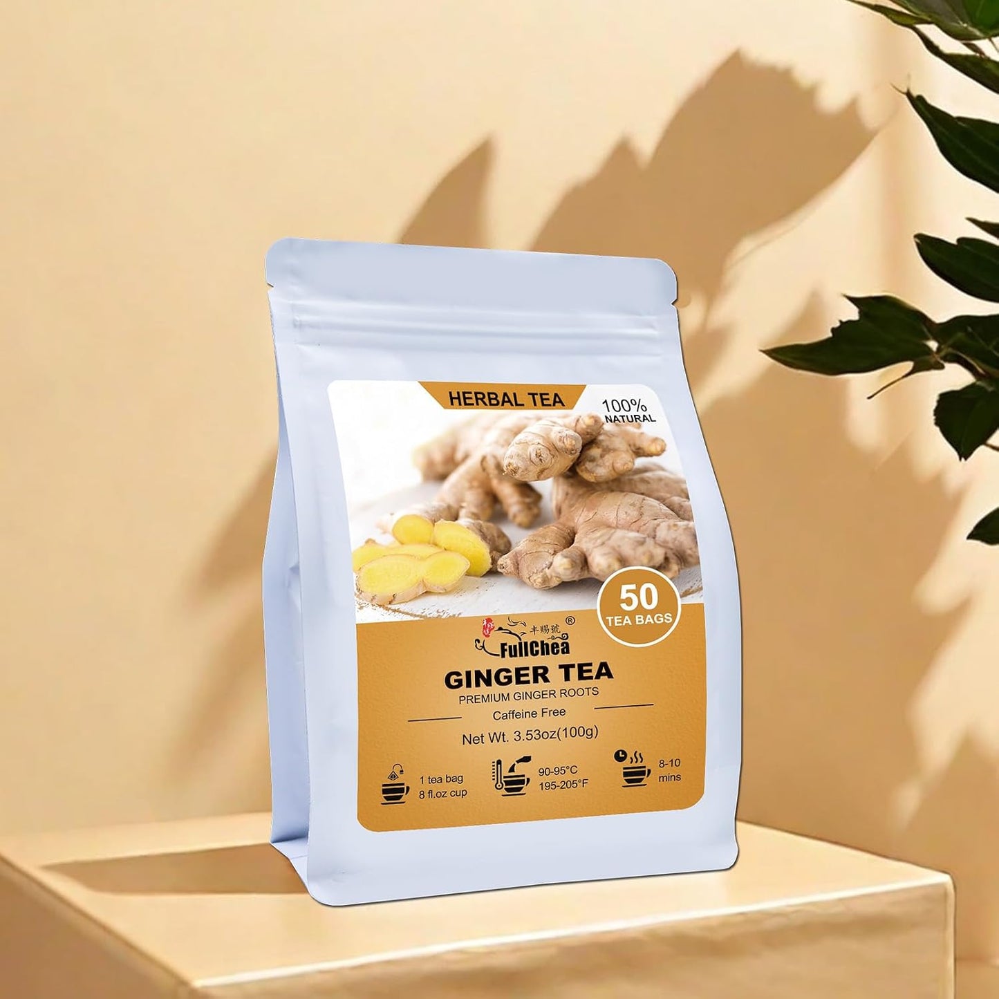FullChea Ginger Tea Bags, 50 Counts, Te De Jengibre, Non-GMO | Pure Ginger Root,Warm &amp; Spicy, Support Digestion &amp; Boost Immunity, No Additives, Resealable Pouch
