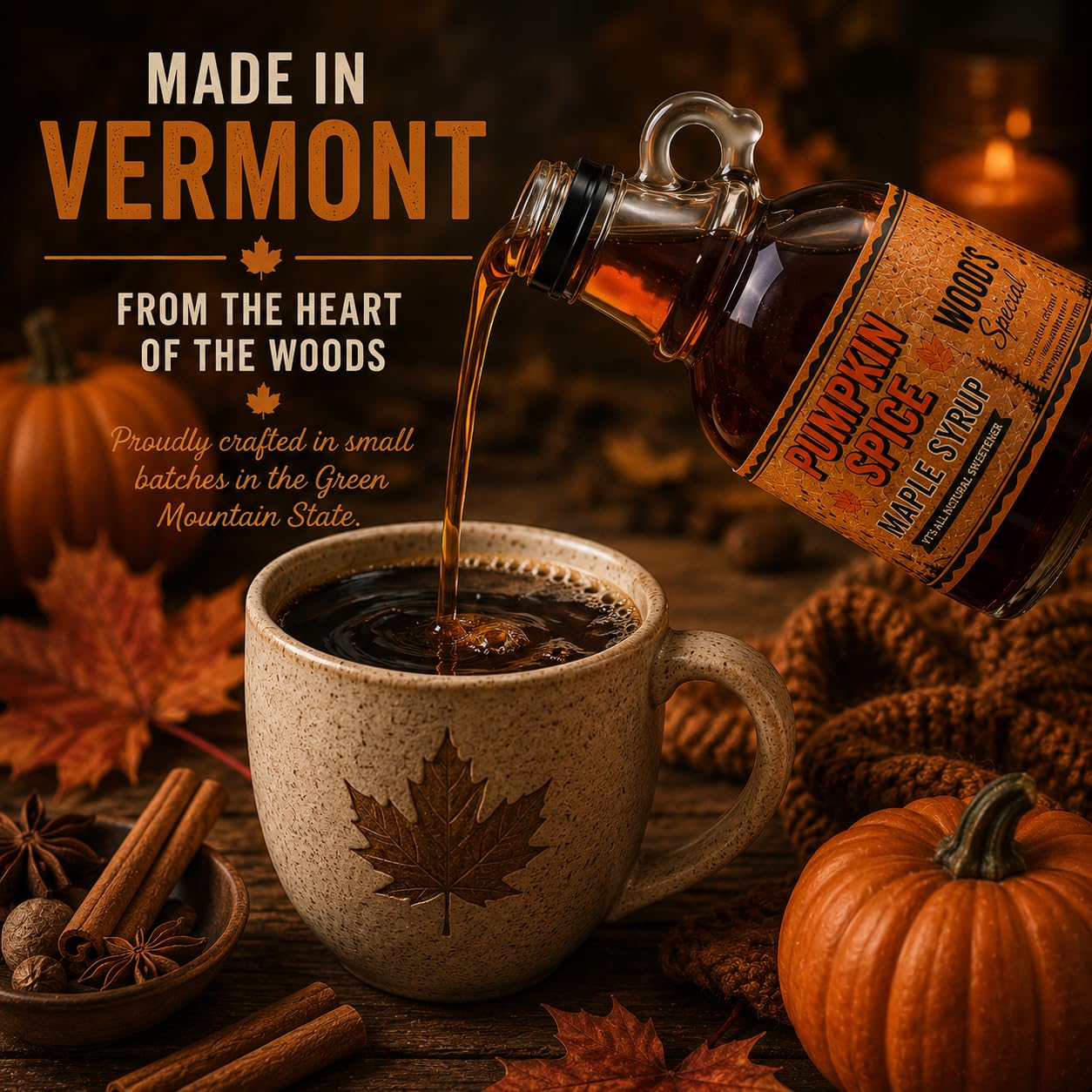 WOOD'S Pumpkin Spice Maple Syrup – Small-Batch Vermont Maple Syrup Infused with Cozy Fall Spices | Natural, Vegan Sweetener for Coffee, Pancakes, Baking &amp; More | 8.45 Fl Oz (250mL)