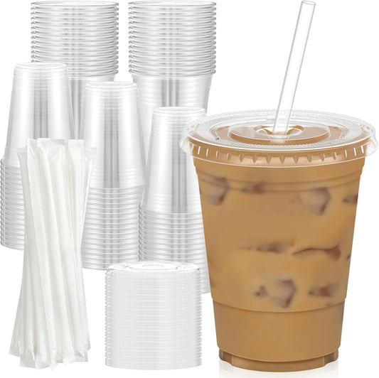 100 Pack - 16 oz Clear Plastic Cups with Lids and Straws, Sturdy & Food Safe Iced Coffee Cups with lids, Disposable Plastic