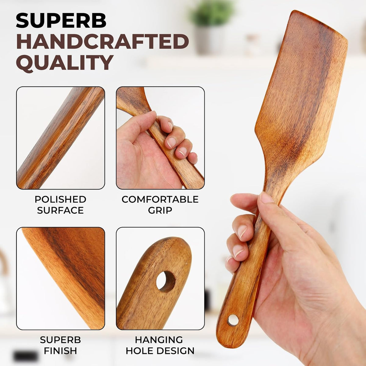 AIUHI Premium Teak Wood Spatula Set, 4-Piece Non-Stick Cooking Utensils for Kitchen, Includes Paddle, Turner, Slotted Spatula &amp; Wood Scraper – Durable &amp; Easy to Clean