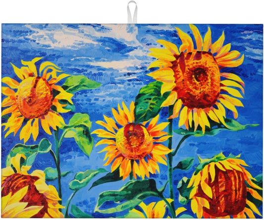 Sunflowers Large Dish Drying Mats For Kitchen Counter, Watercolor Yellow Flower Microfiber Kitchen Drying Mat Draining Pad