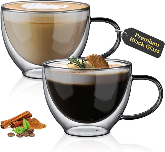 ecooe Black Double Walled Glass Coffee Mug 12 oz Latte Cappuccino Cups Set of 2 Coffee Cups with Handle, Heat Resistant