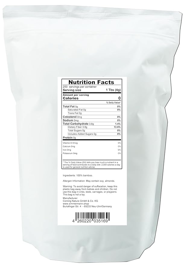 Zimmermann Bamboo Fiber 2.2lb 1000g, gluten free flour, Non GMO, Keto Flour, 100% Bamboo, Keto & Low-Carb Baking & Cooking, Low Calorie Flour