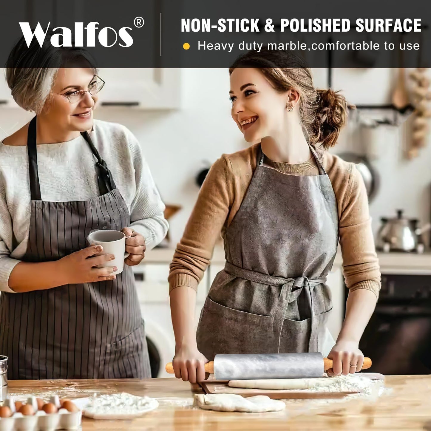 Walfos Marble Rolling Pin With Wooden Handles & Wood Cradle, 16.5 Inch Marble Rolling Pins For Making Pizza Dough And