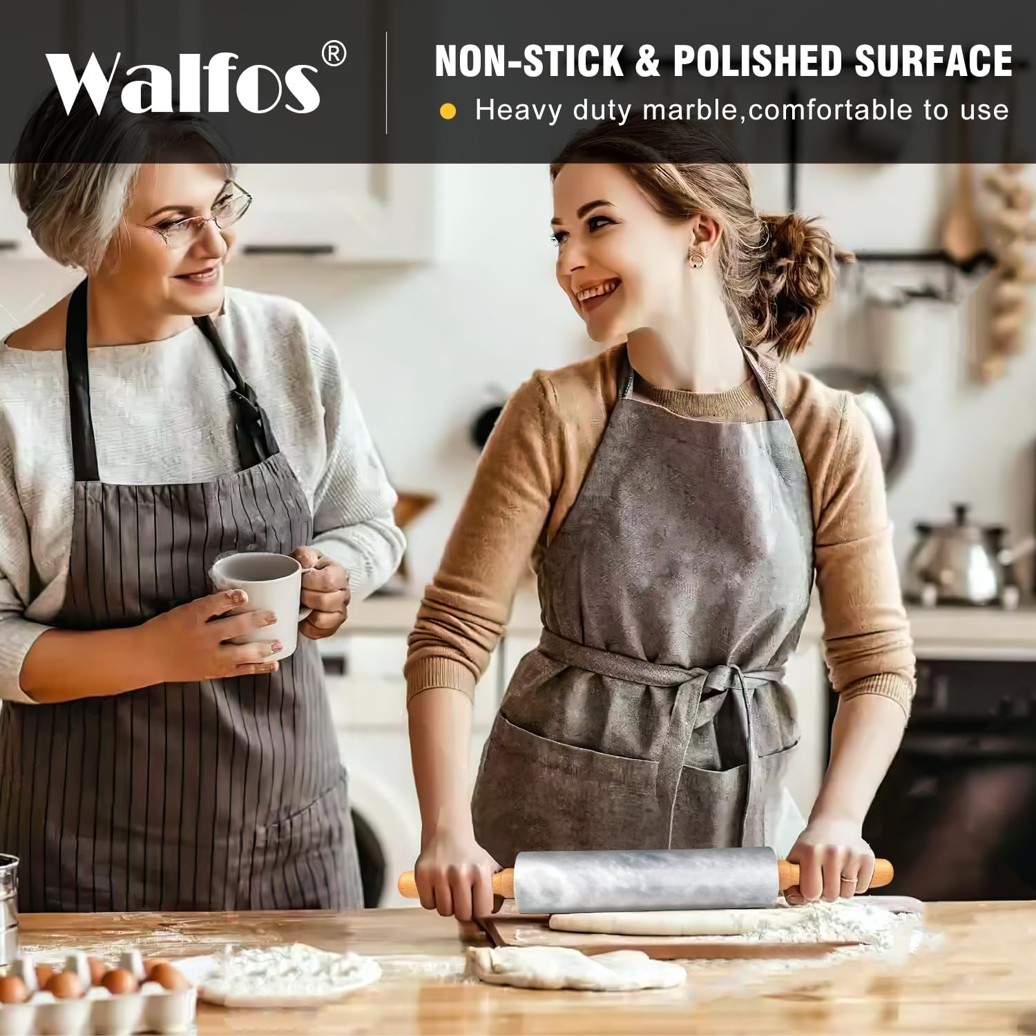Walfos Marble Rolling Pin With Wooden Handles & Wood Cradle, 16.5 Inch Marble Rolling Pins For Making Pizza Dough And