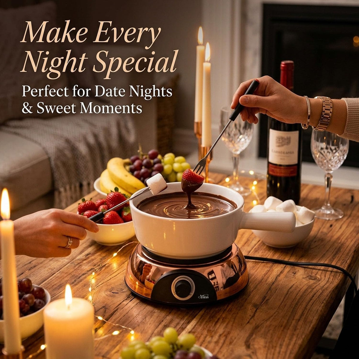 Artestia Electric Fondue Pot 2-QT 1500W, Dual-Use Swiss Fondue Set for Cheese & Chocolate Melting, Adjustable Temperature Control, White Ceramic Pot with Rose-Gold Base & 6 Forks