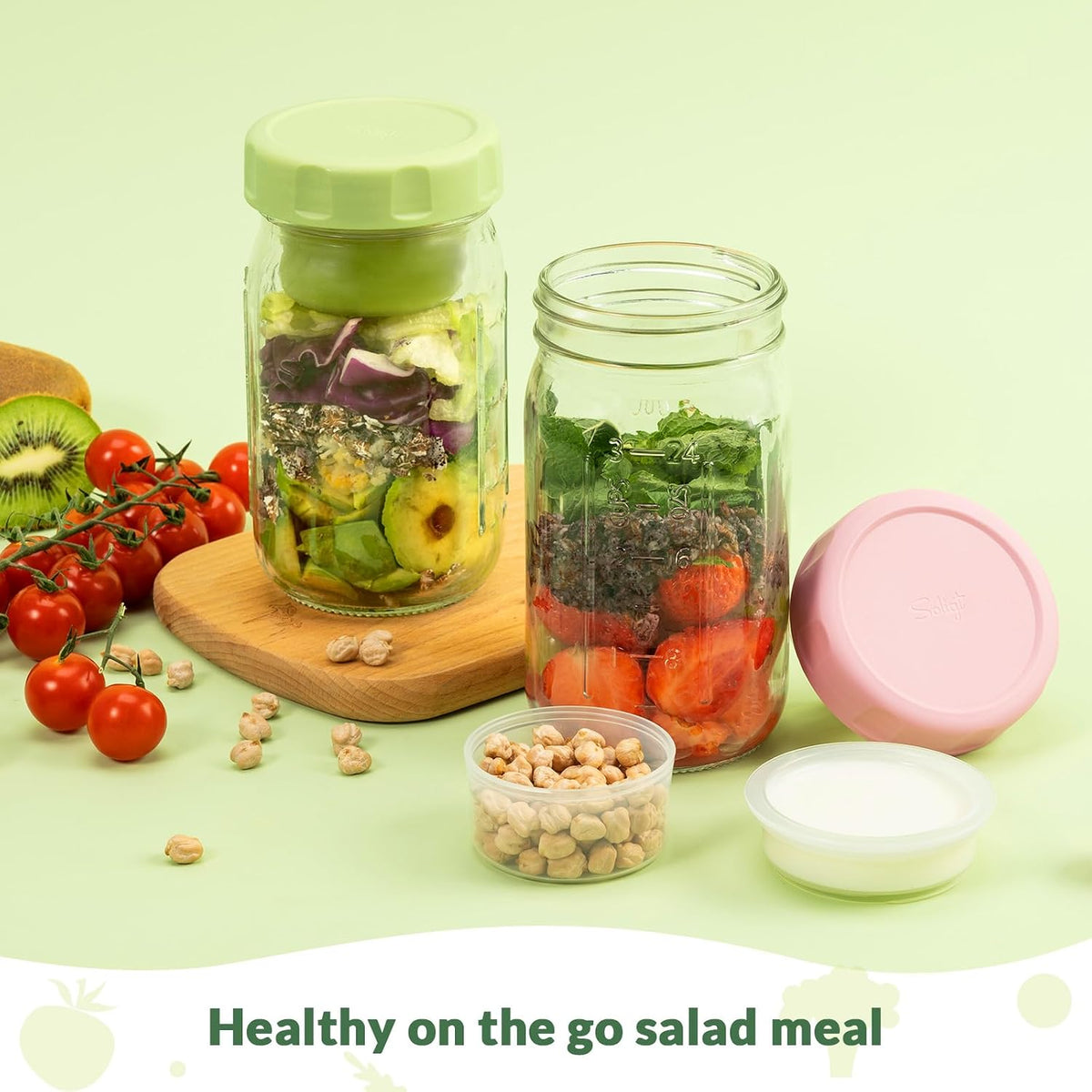 SOLIGT 4 Pack Glass Salad Jars with Lids Meal Prep, Wet/Dry Separation