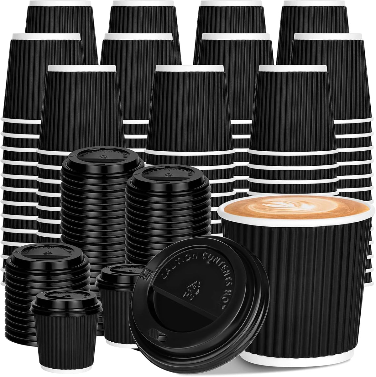 4 oz Disposable Espresso Cups with Lids, 100 Count, Corrugated Ripple Wall | Stackable Storage|Heat-Insulating Grip | To Go Spill-Resistant | Coffee Cups For Hot Drink, Office, Coffee Bar (Black)