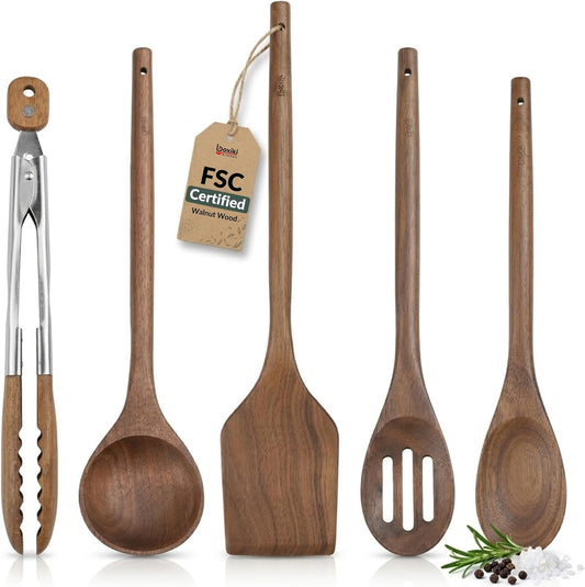 Elegant 5-Piece Walnut Wood Kitchen Utensil Set – Non-Scratch, Heat-Resistant Cooking Utensil Set with Kitchen Tongs, Spoons, Spatula &amp; Ladle – Lightweight, Durable &amp; Perfect for Daily Use or Gifting
