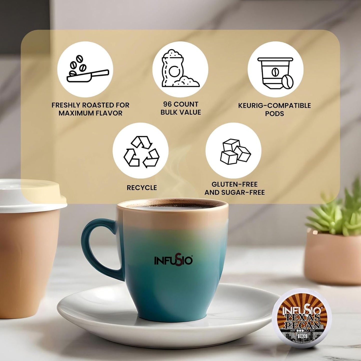 InfuSio Texas Pecan Coffee pods, Single Serve Coffee Pods for Keurig K Cups Brewers - Premium Roasted 96 count