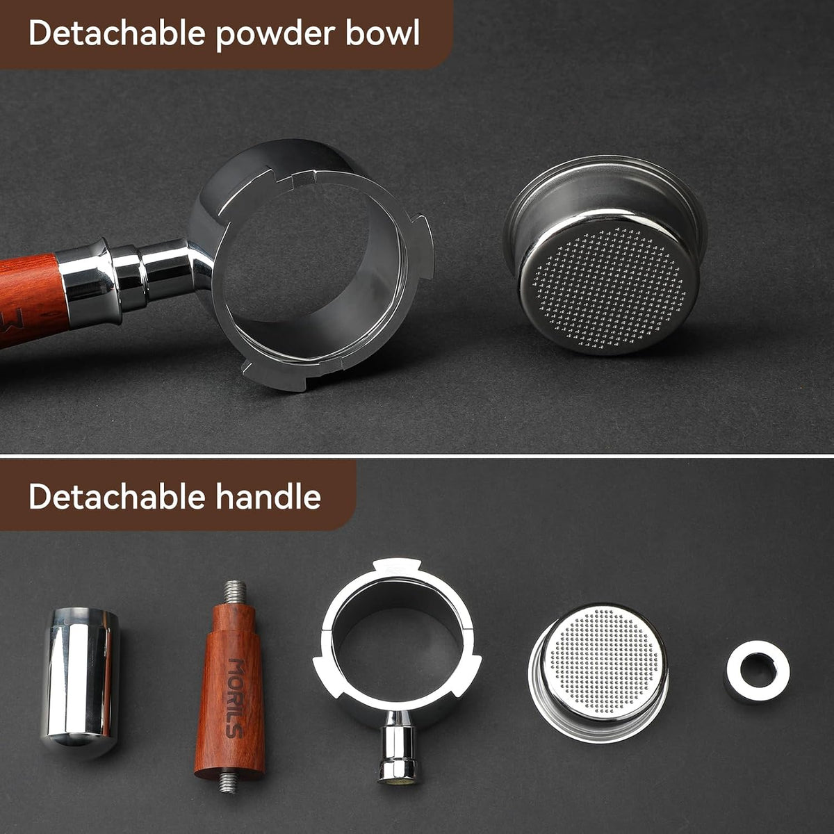 58mm Bottomless Portafilter with Double Shot Filter Basket &amp; Premium Walnutwood Handle, Portafilter Compatible with All Breville 58mm Machines, Espresso Accessories(Puck Screen)