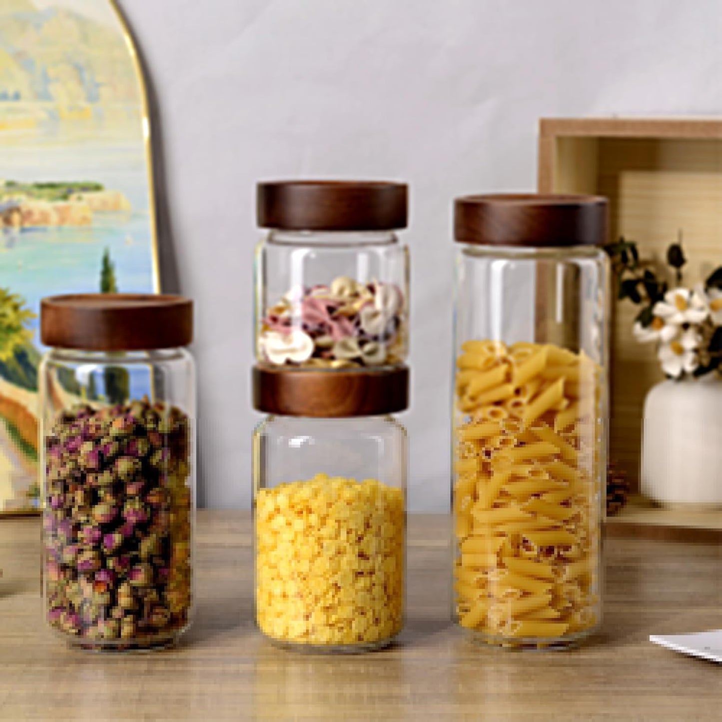 24 fl oz/710 ml Glass Jar with Airtight Wooden Screw Top Lid, Clear Stackable Food Storage Canister, Medium Cute Decorative Glass Container for Coffee, Candy, Cookie, Sugar, Oatmeal, Spice