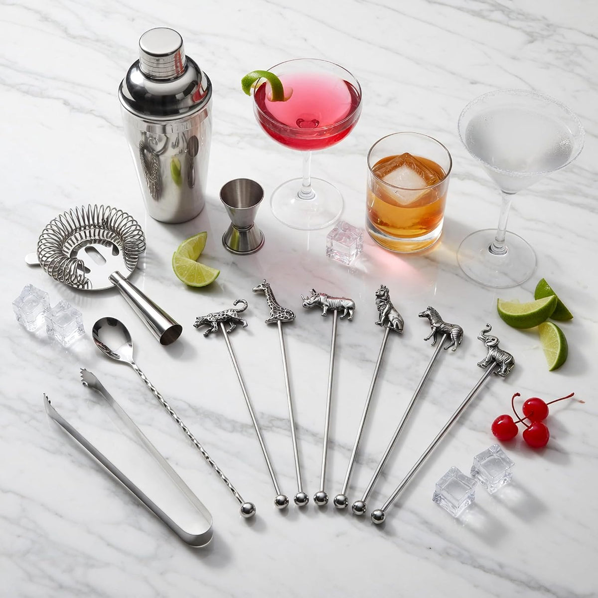 Homestia 6 Pcs 7.5'' Metal Stir Sticks, Cocktail Stirrers, w/Animal Decor | Reusable Stainless Steel Coffee Stirrers, Zinc Alloy Wildlife Head Beverage Drink Stirring Set for Bar Restaurant Home Use