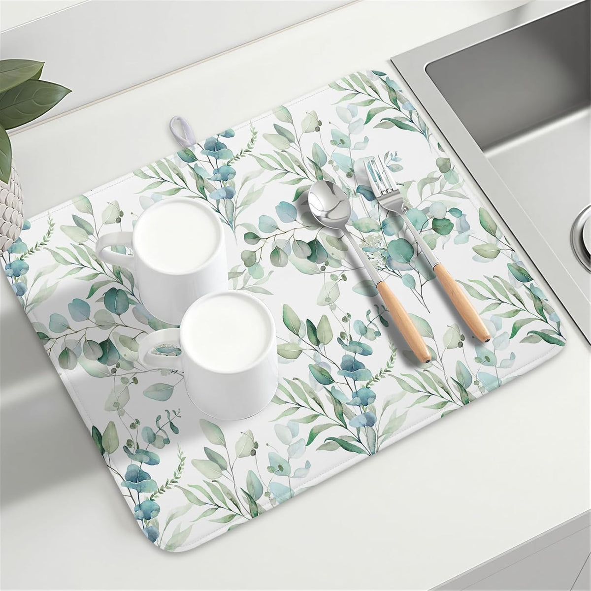 Watercolor Sage Leaves Dish Drying Mats for Kitchen Counter 16x18 Inch,Spring Leaves Kitchen Drying Mat,Sage Herbs Dishes Pad Dish Drainer Rack Mats Absorbent Fast Dry Kitchen Accessories