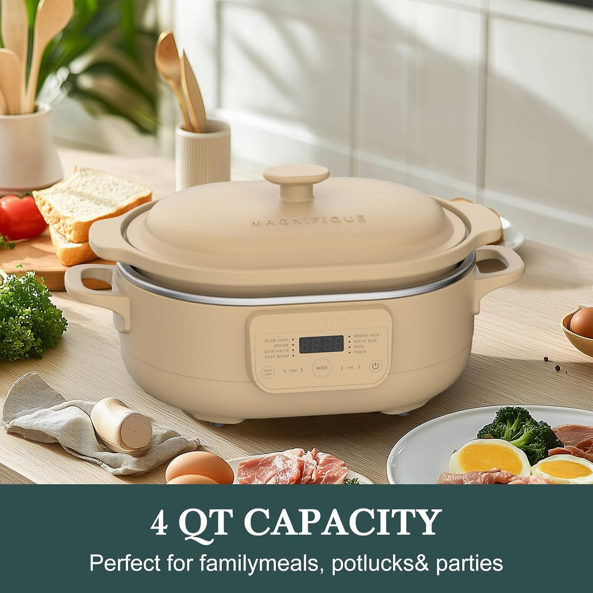 MAGNIFIQUE 4 Quart Claypot Multi-Cooker, with 8-in-1 Casserole Programmable Slow Cooker, Dutch Oven, Pasta, Nonstick Oven Safe Pot to 450°F, Brown