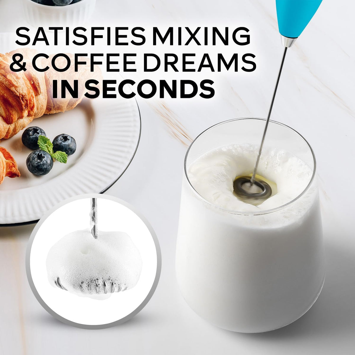 Zulay Kitchen Powerful Milk Frother Wand With Duracell Batteries - Ultra Fast Handheld Drink Mixer - Electric Whisk Foam Maker for Coffee, Lattes, Cappuccino &amp; Matcha - Z1 Motor - Blue Teal