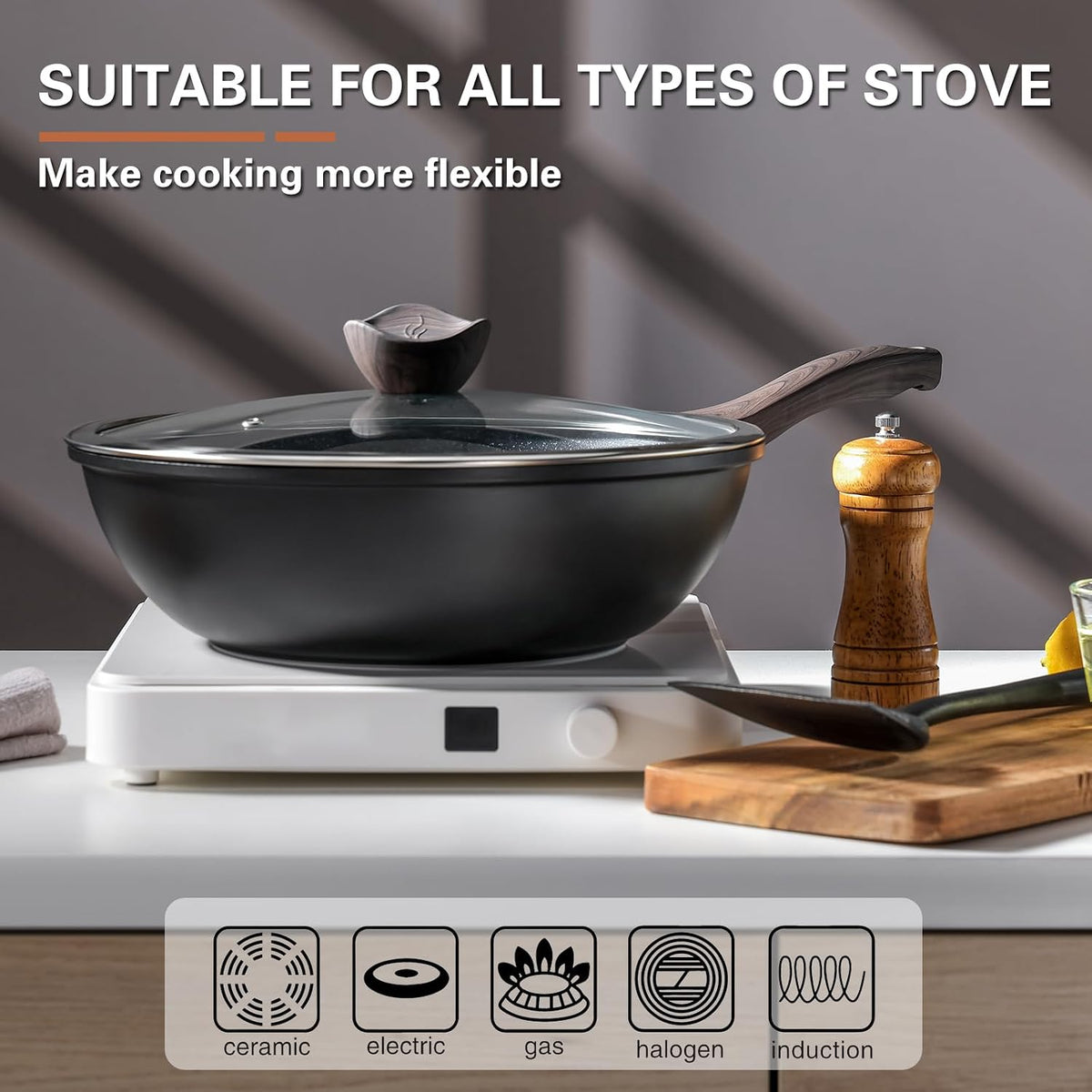 Nonstick Wok with Lid, 12 Inch Woks & Stir-fry Pans, Healthy Coating Induction Cookware, Compatible with All Stovetops, PFOA Free (Cream White)