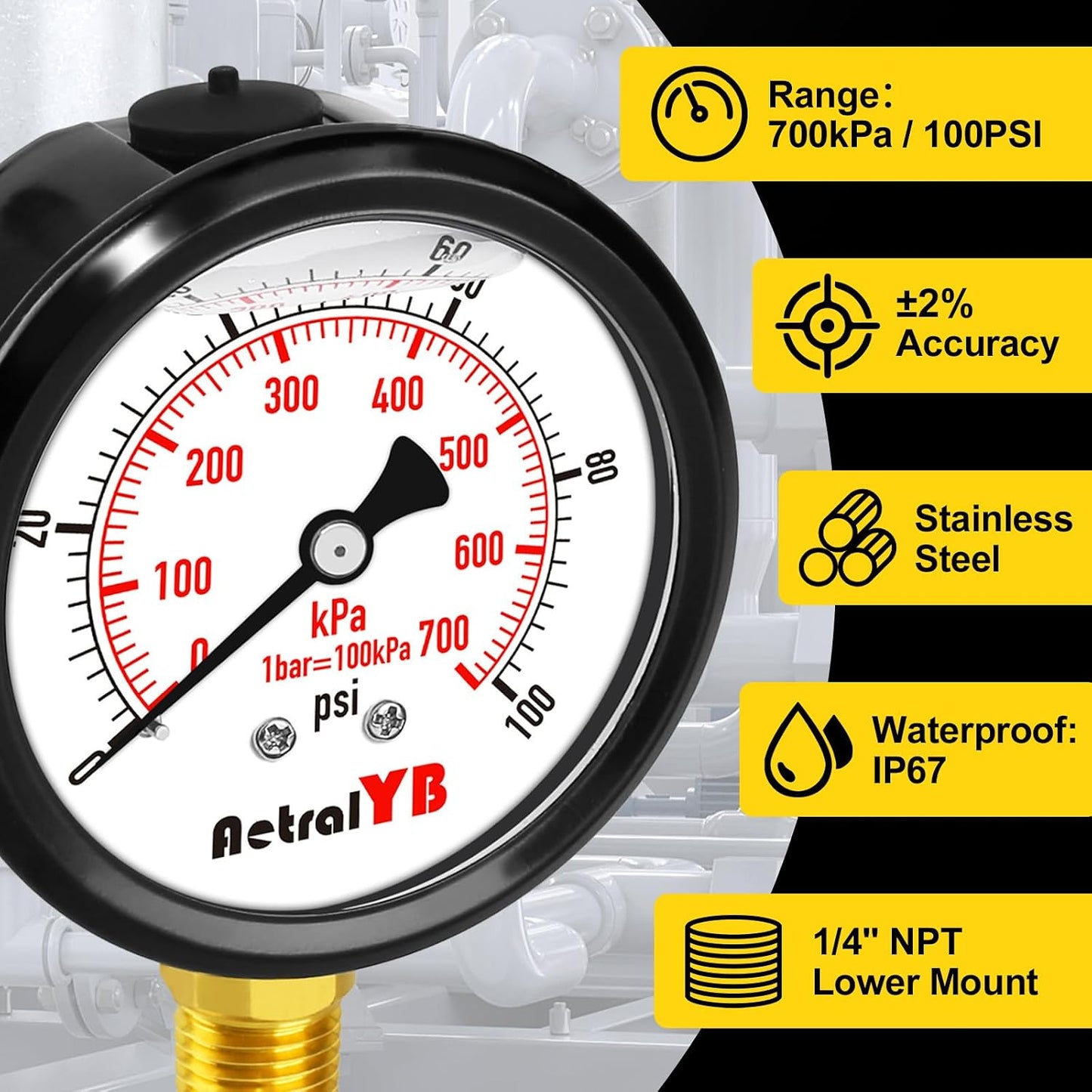 100Psi 2.5Inch Lower Mount Water Pressure Gauge 1/4 NPT | Glycerin Filled, Stainless Steel Case, for Home Water Pressure Testing, Well Tank, Pump, Pool Filter Monitoring
