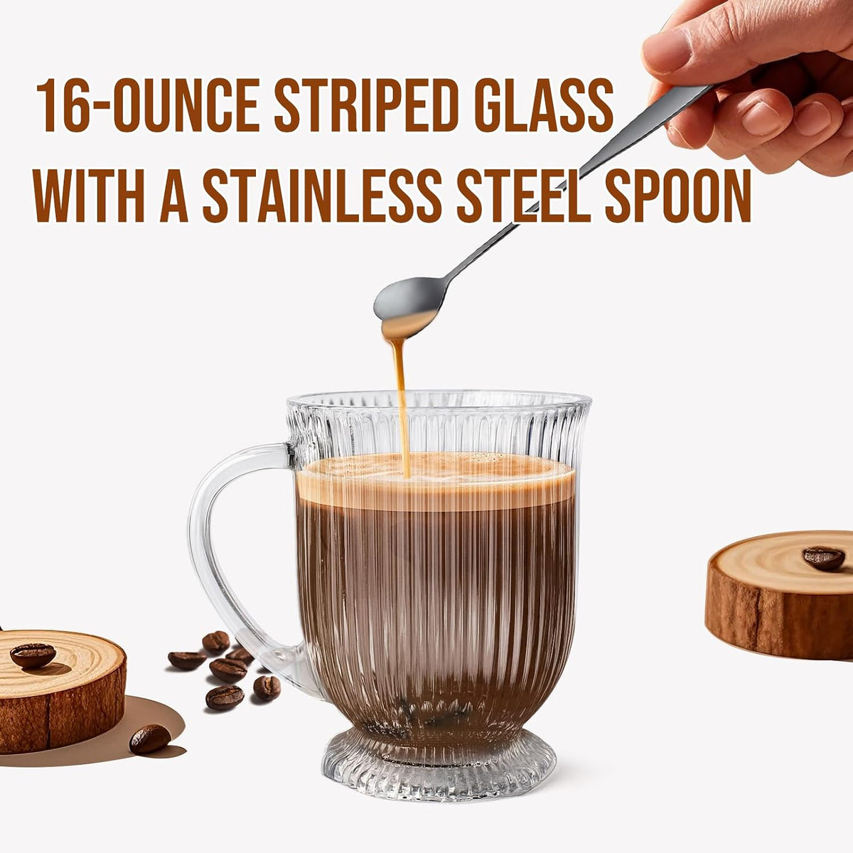 Ribbed Glass Coffee Mugs Set of 4,16 Oz Clear Diner Cups,Large Espresso Cups with Spoon, Glass Mugs with Handle Latte Cup with Footed Base for Hot Beverages,Cappuccino Cups, Stylish Drinkware