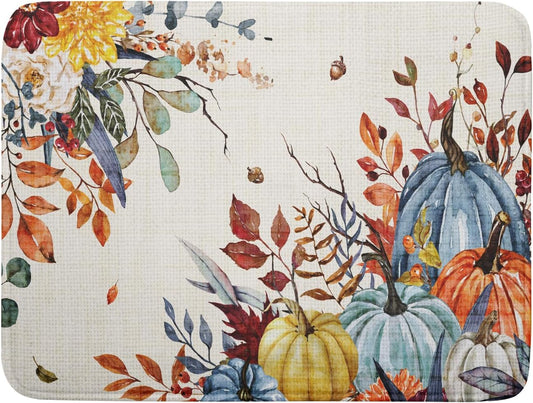 Giwawa Fall Dish Drying Mat for Kitchen Countertop, Watercolor Autumn Teal Blue Orange Pumpkins Floral Dish Drainer Mats,
