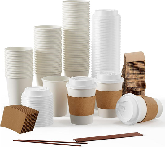 [100 Pack] 12 oz Paper Coffee Cups, Disposable Paper Coffee Cup with Lids, Sleeves, and Stirrers, Hot/Cold Beverage Drinking
