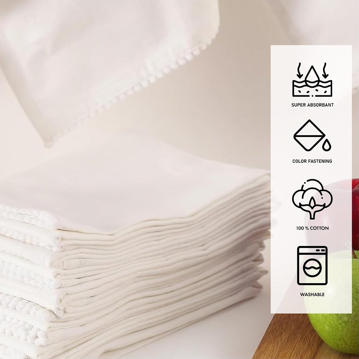 Kitchen Towels 100% Cotton Solid Kitchen Dish Cloths, Valentine Decor Hand Towel Reusuable Dish Towel for Cleaning &amp; Drying Tea Towels Set with Hanging Loop - 18"x 28", Pack of 6 - White