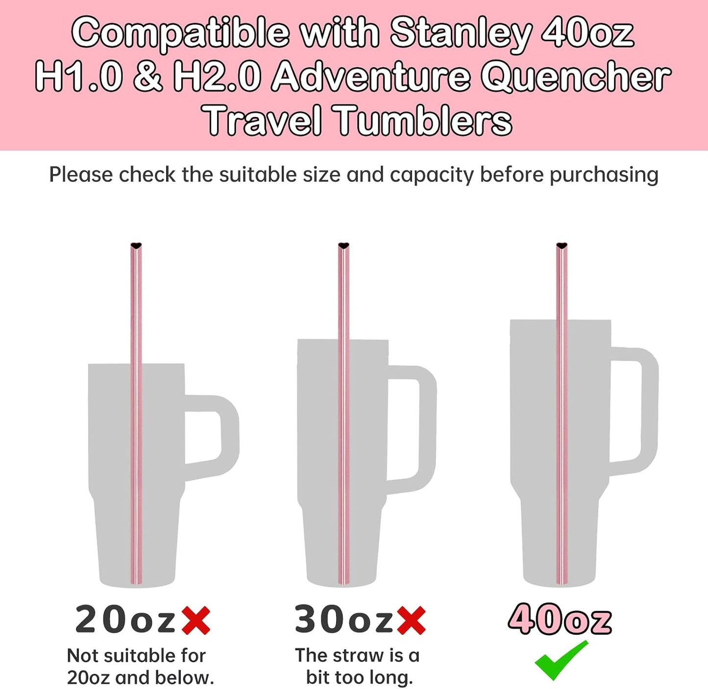 NiHome 12” Heart-Shaped Stainless Steel Straws Fit for Stanley Tumbler 40oz | 10-Pack Metal Straws with 2 Brushes for Holiday, Valentine’s Day, Reusable Drinking for Smoothie Milkshake (Pearl Pink)