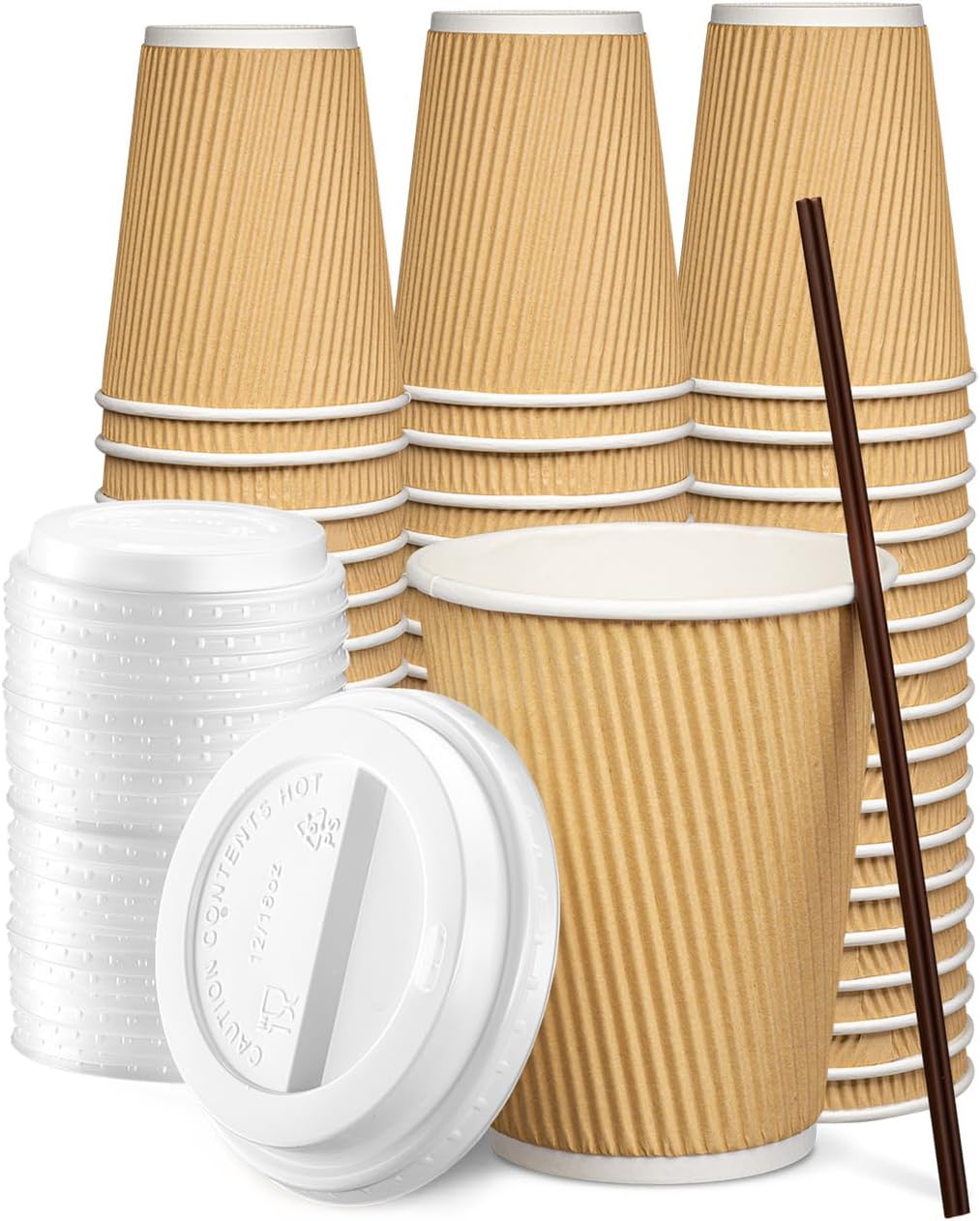 GUSTO [12 oz. - 100 Count Insulated Kraft Ripple Paper Hot Cups, Disposable Coffee Cups With Lids - 