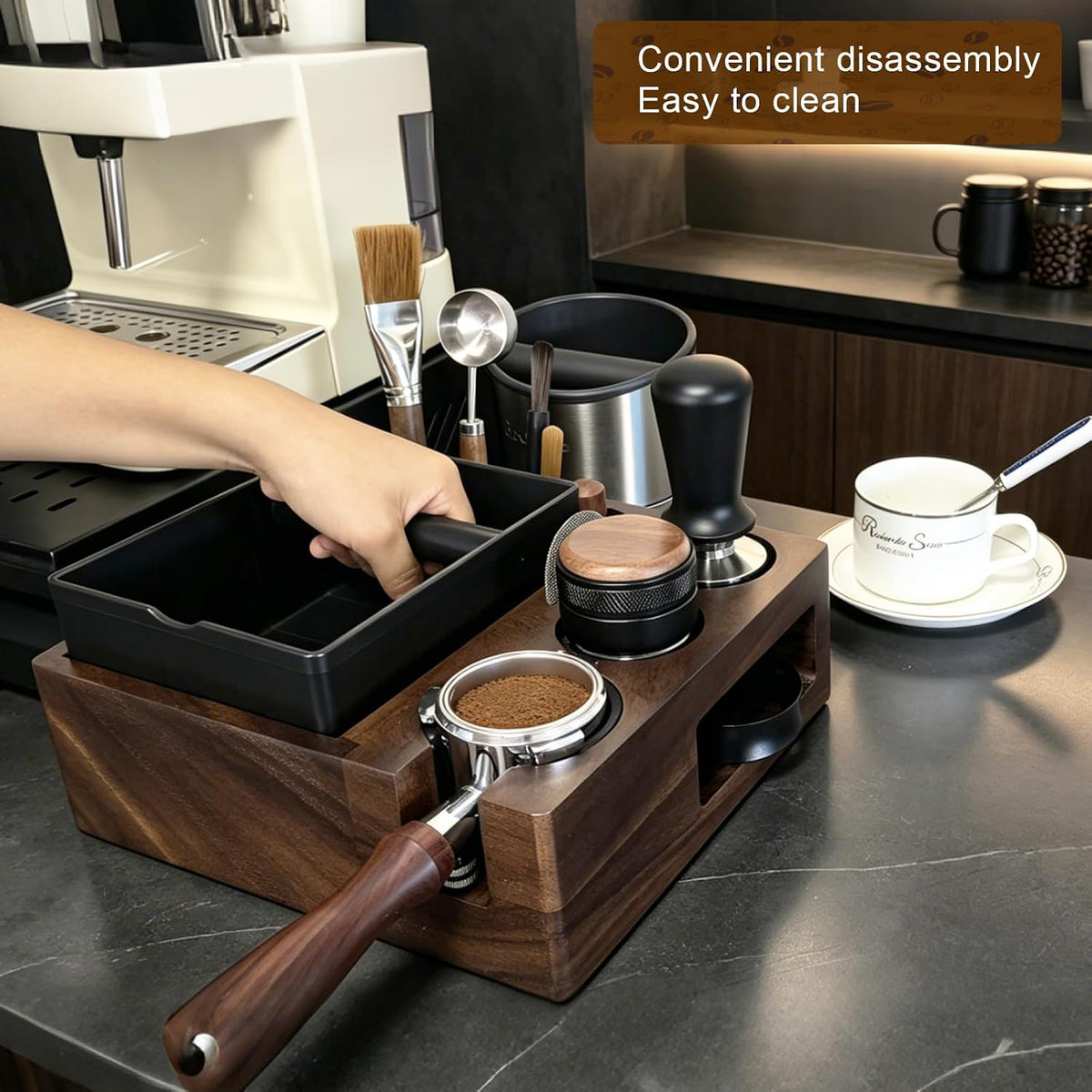 Espresso tamping station knock box,tamper station,Espresso station fit for storage 51-58mm tamper,distributor,portafilter,puck screen accessories,9 in 1 espresso knock box and tamper station