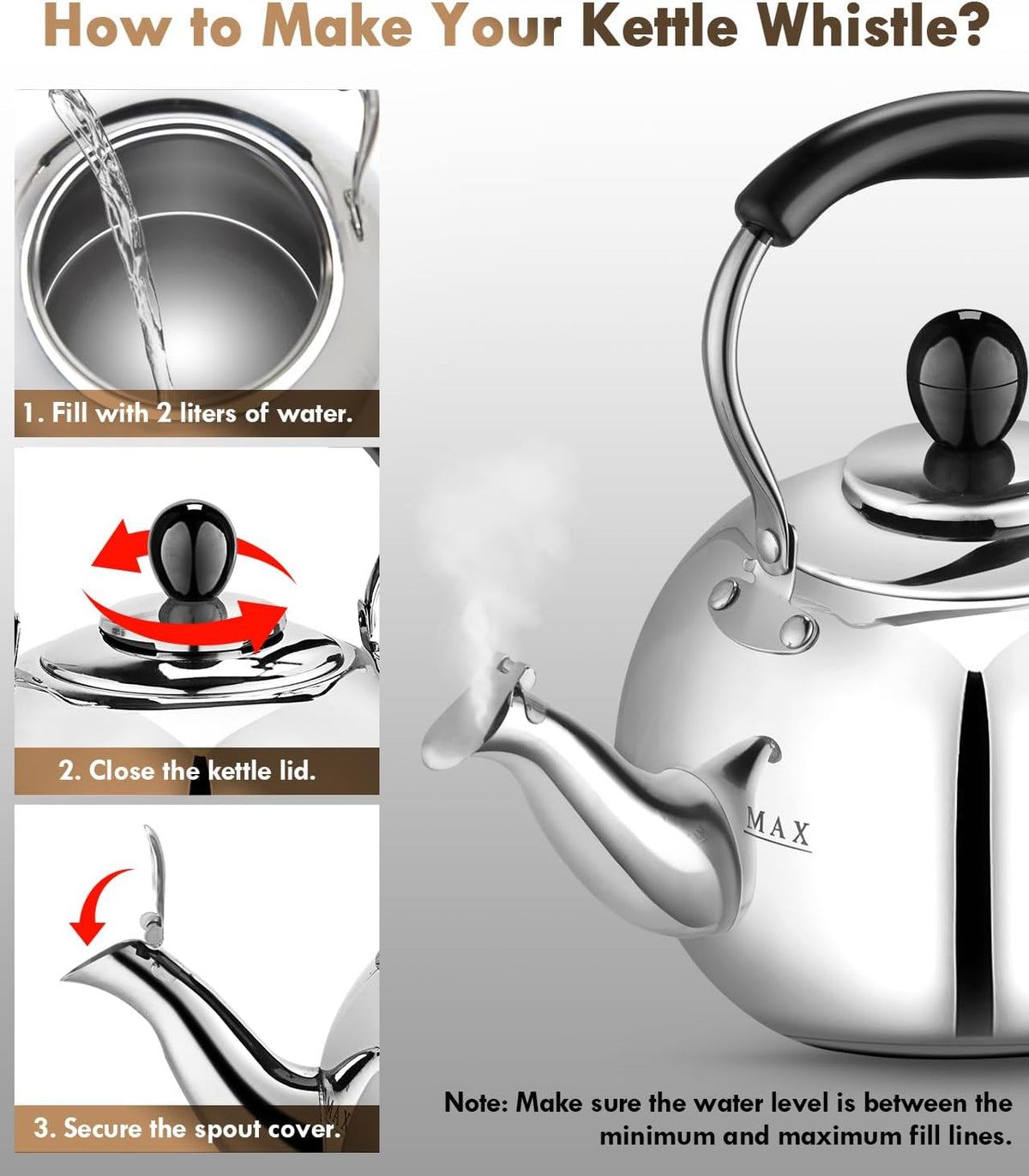 Stovetop Tea Kettle with Whistle - 2.0 Quart 18/8 Stainless Steel Tea Pot for Gas Stove &amp; Electric Coil Stovetop, Food-Safe, Easy-Pour Spout, Mirror Polished Classic Water Kettle