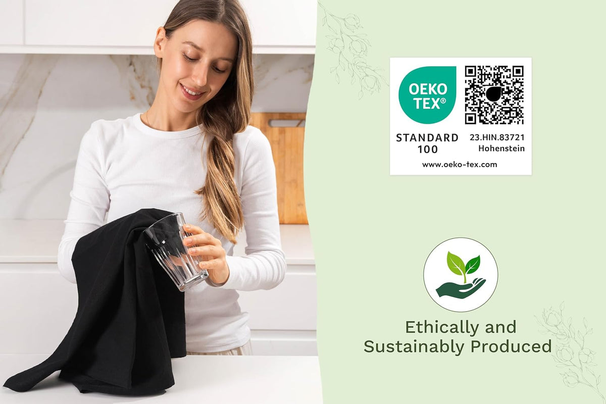 Organic Cotton Black Tea Towels - 100% Cotton, 10-Pack, Reusable and Washable Black Flour Sack Towels for Kitchen - Extra Large 27"x27", Durable Dish Towels with Hanging Loop