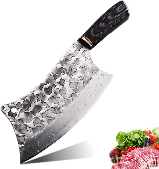 BLADESMITH Butcher Knife 8“, Forged Meat Cleaver Kitchen Knives, Curved High Carbon Steel Blade, PakaWood Handle, for