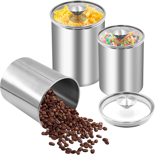 ENLOY Stainless Steel Food Storage Container Set of 3, 88/61/29 oz with Clear Glass Lids - Ideal for Coffee, Tea, Sugar,