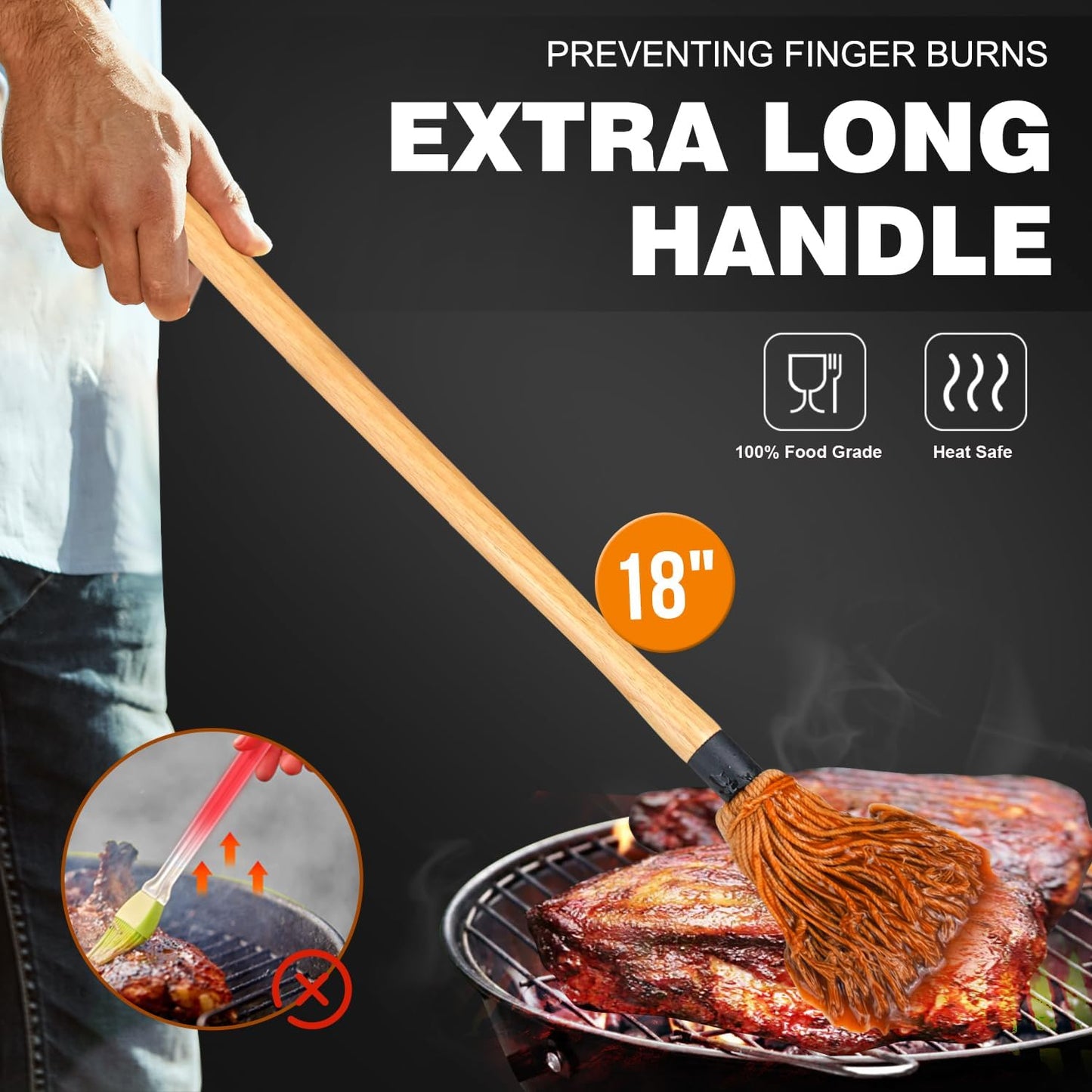 Walfos BBQ Mop Brushes for Sauce, Grilling Basting Mop Wooden Long Handle with 3 Heads, for Grilling, Barbecue, Smoking Steak (18")