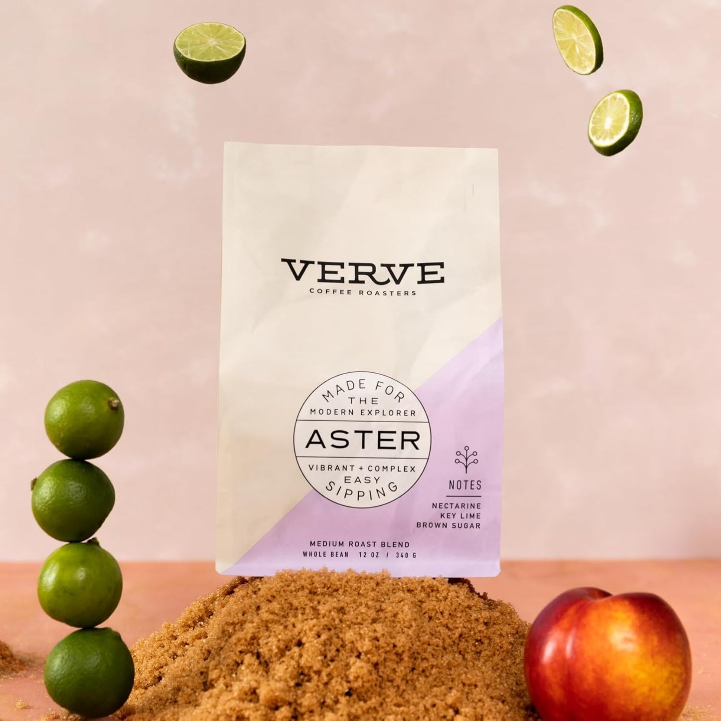 Verve Whole Bean Coffee, Aster Blend, Medium Roast Coffee Beans, Brewed or Espresso, Ethiopian Blend, Resealable Pouch, Hot or Cold Brew, Nectarine