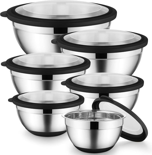 Mixing Bowls with Lids Set of 6 for Kitchen, Stainless Steel Metal Nesting Bowls with Non-Slip Bottom Black - Size 1, 1.5,