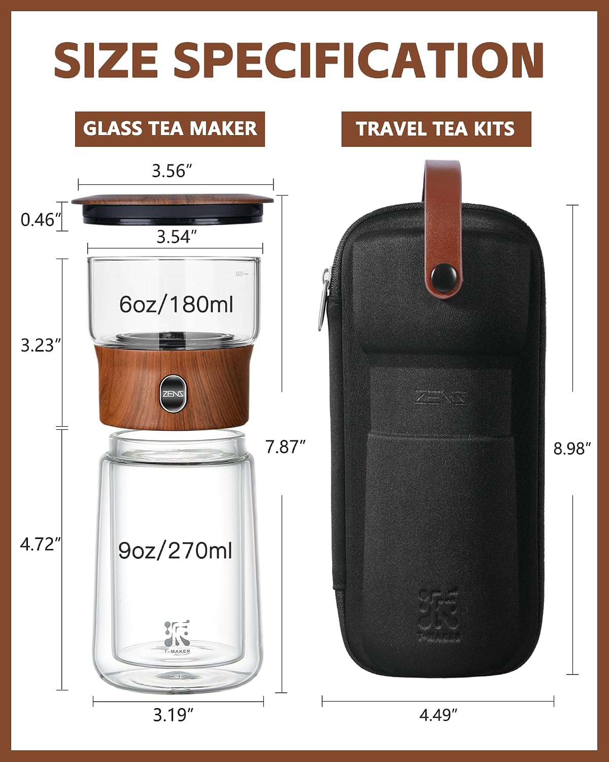 ZENS Glass Infuser Teapot, One Touch Tea Maker for Loose Leaf Tea, Walnut | Modern Tea Diffusers, Magic Tea Pot with 9oz Insulated Mug and Portable Bag for Tea Lovers Gifts