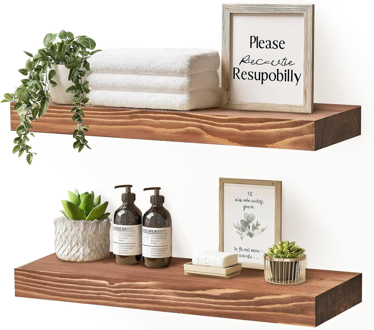 Solid Wood Floating Shelves, 17 Inch Wall Shelves, Set of 2, Brown