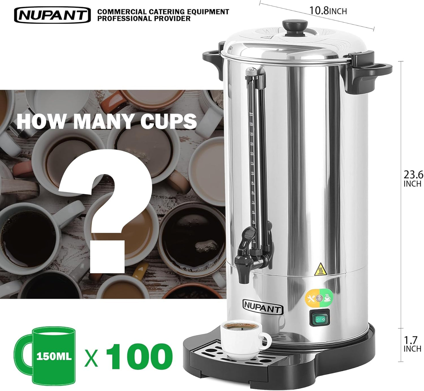 Commercial Coffee Urn 100 Cup/15L Coffee Dispenser with Upgraded Percolator, 304 Stainless Steel Hot Water Urn Beverage Dispenser with Keep Warm Mode, Large Coffee Maker for Catering Party