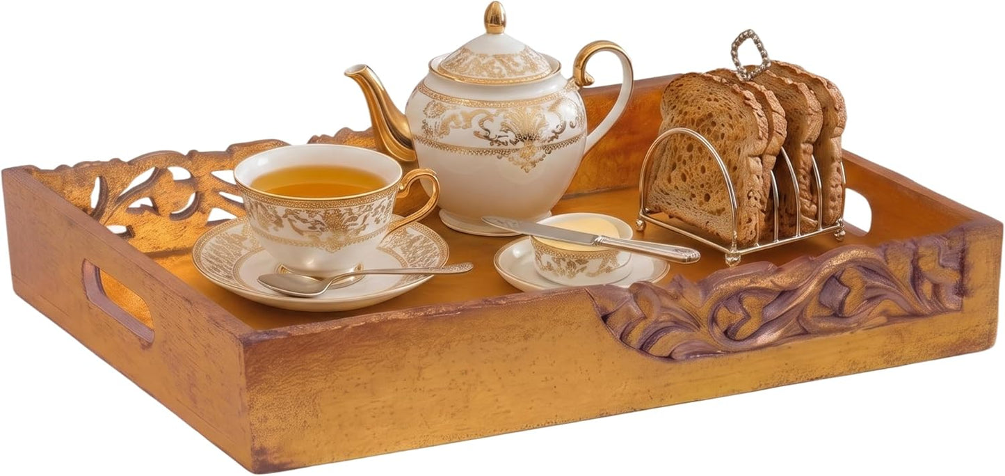 Mela Artisans Flourish Mango Wood Serving Tray - Distressed Gold, 16 in | Handcrafted serving tray board with handles for breakfast, coffee and home décor, utilizing built-in base felt pads.