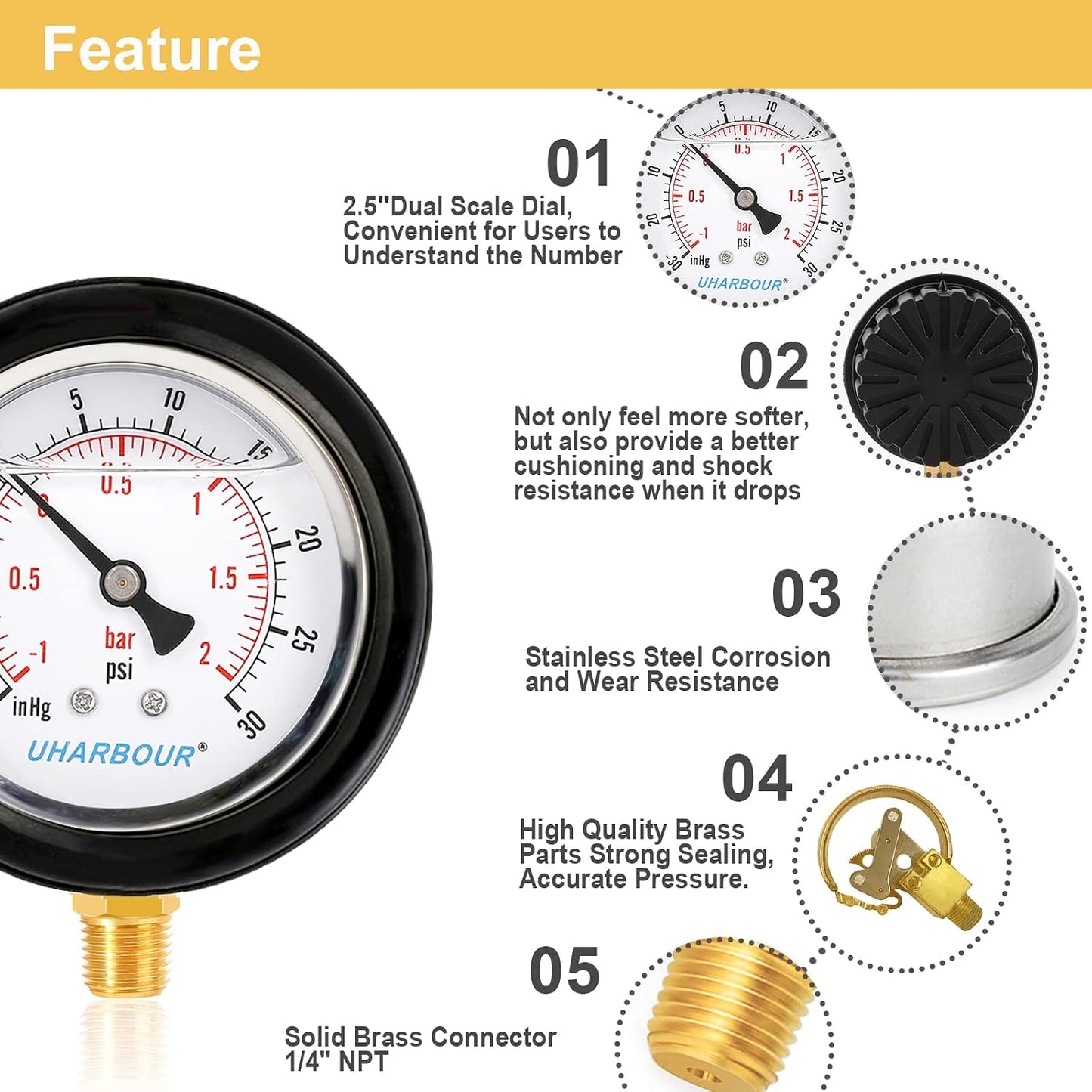 UHARBOUR Pressure Vacuum Gauge -30 inhg/30 PSI, 2-1/2" Dial Liquid